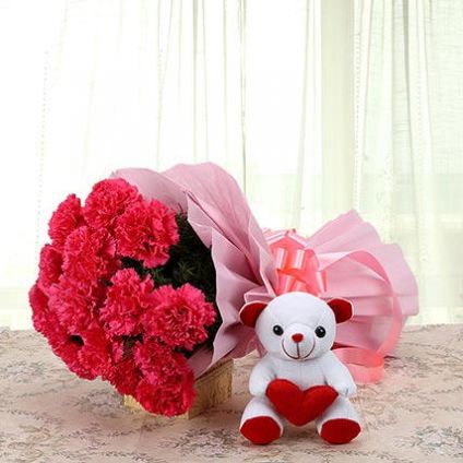 Carnations Bunch With Teddy Bear